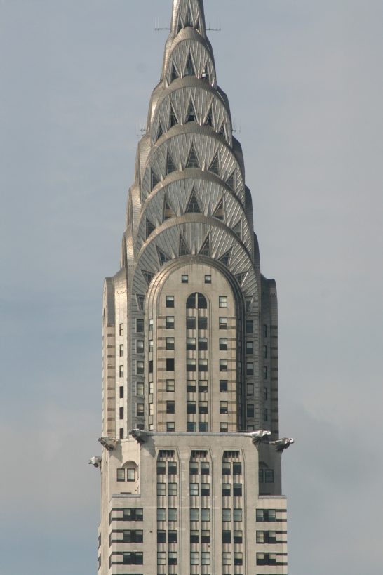 The famous Art Deco crown and spire of the Chrysler Building in New York City.