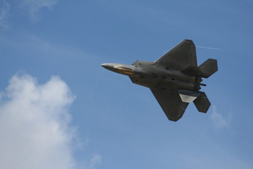 F22-A Raptor in a sweeping role at the Royal International Air Tattoo, Fairford, Glos